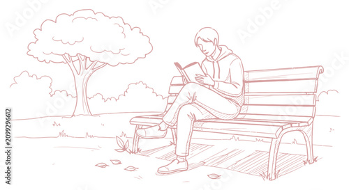 Man reading a book on a park bench in minimalist line art style.
