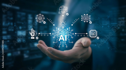 AI Ecosystem and Machine Learning Concept – Hand Holding Artificial Intelligence Digital Brain Hologram