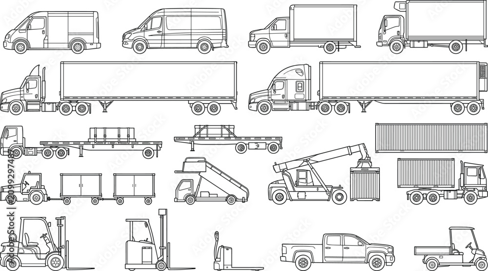 Obraz premium Commercial Transport Vehicle Outline Collection with Trucks Vans Forklifts Trailers Containers and Logistics Equipment Vector Set