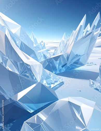 Crystal Ice Formations: Jagged, translucent ice crystals rise from a frozen landscape under a clear blue sky, creating a surreal and abstract display of natural geometry.