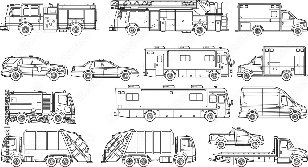 Obraz premium Emergency Service and Municipal Vehicle Collection Technical Outline Set with Fire Truck Ambulance Police Car Utility Fleet Vector