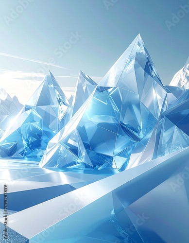 Crystal Peaks: Majestic ice formations rise like crystalline mountains under a clear sky, reflecting the pristine beauty of a frozen landscape.