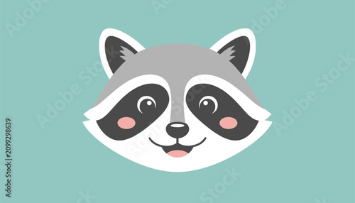 Friendly cartoon raccoon face with a happy smile and open mouth against a solid teal blue background.