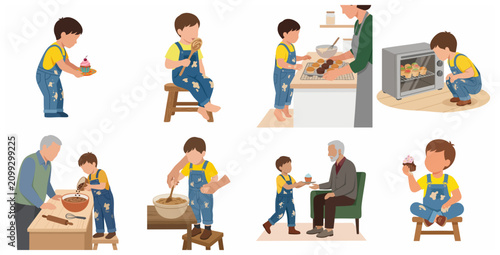 Quadro su tela Set of illustrations showing a little boy baking cupcakes and bonding with his m