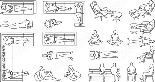 Εκτύπωση καμβά Top View People Sitting Lying Relaxing and Meditation Poses Outline Vector Set f