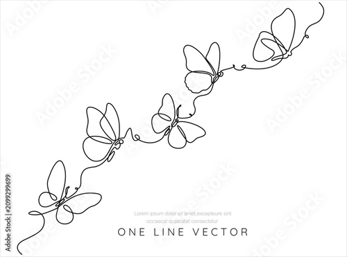 One line continuous butterflies drawing. Minimal vector illustration. Hand drawn moth linear silhouette icon. Outline design element, print, banner, card, poster, brochure, logo, product packaging.
