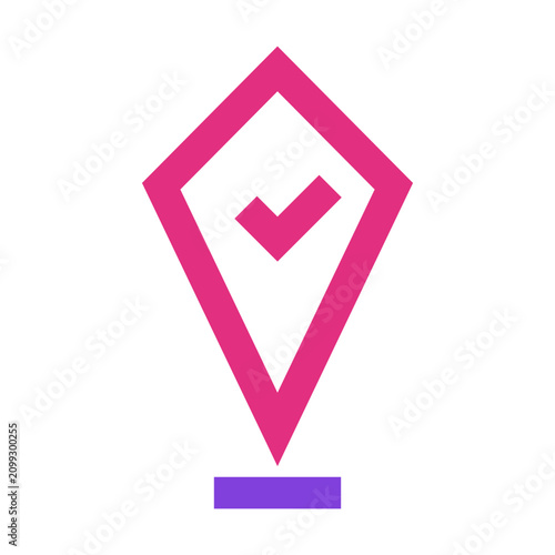 Checkpoint sharp outline two-tone style icon featuring a location pin with check mark representing verified places checkpoints and completed routes. 