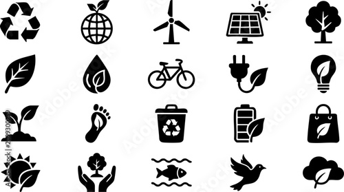 Eco friendly and conservation vector icon collection with environment sustainability renewable recycling