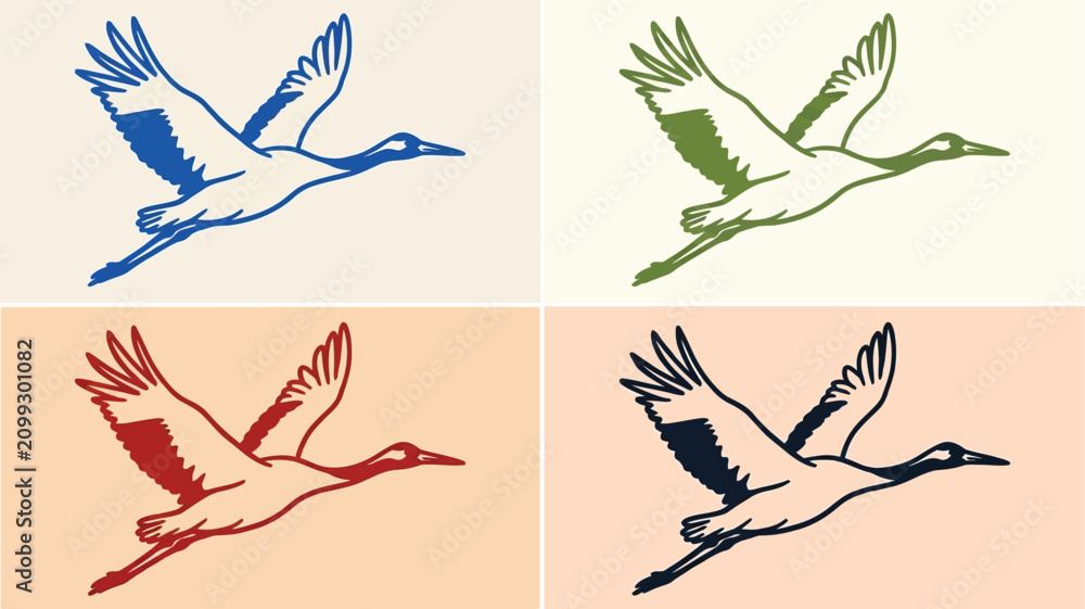 Obraz premium Artistic sequence showing four distinct stages of a graceful crane bird in flight silhouette, elegant avian motion profile isolated on a minimalist background for creative graphic design.