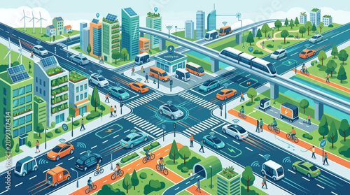 Futuristic city intersection with autonomous cars, smart traffic, and green energy.