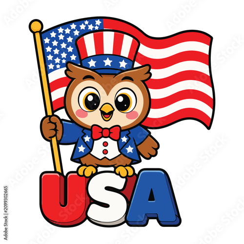 Cute Patriotic Owl Mascot Standing on USA Letters with American Flag Kawaii Independence Day Flat Vector Illustration