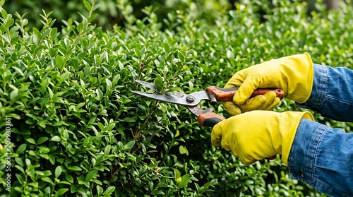 Gardener wearing yellow gloves using sharp metal shears to trim and shape a green leafy hedge in a sunny garden outdoor