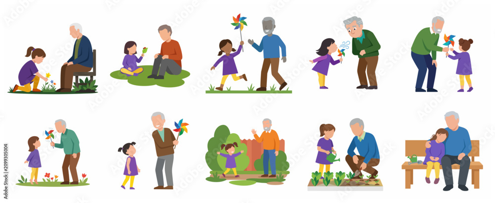Fototapeta premium Grandfather and granddaughter spending quality time together set of vector illustrations of family bonding gardening and playing outdoors.
