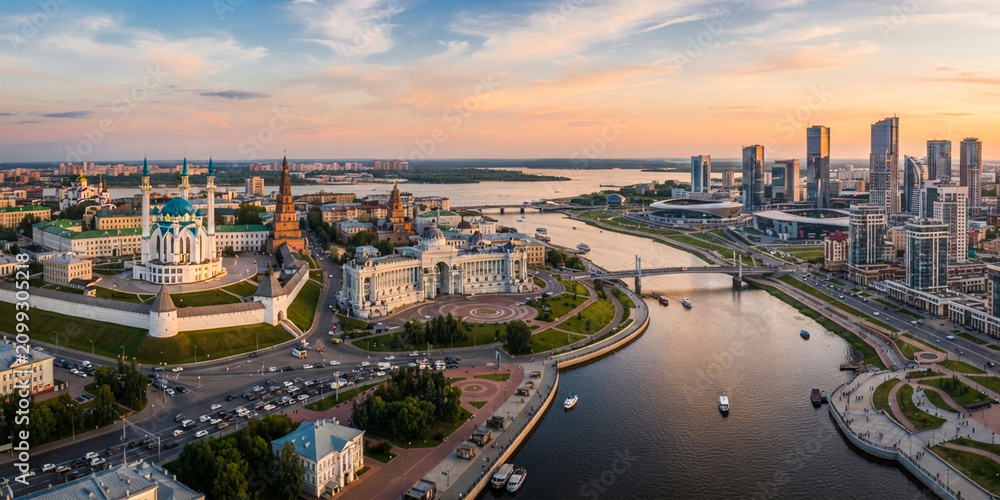 Fototapeta premium A wide-angle aerial view of a city center at sunset, showcasing a prominent mosque with blue domes next to a river and modern skyscrapers