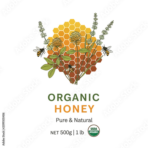 Organic Honey Product Label Template with Honeycomb Bees and Natural Flowers Vector Art on White Background