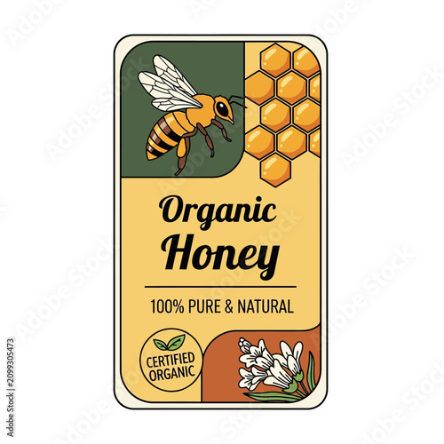 Organic honey bottle label vector illustration with bee honeycomb and flowers design template
