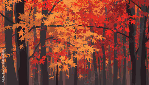 Foto Vibrant autumn forest scene with trees showcasing brilliant red and orange fall foliage against dark trunks