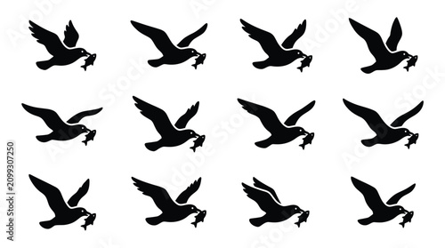Fotografie Black seagull silhouette collection featuring twelve flying sea birds carrying fish in beaks, isolated on white background