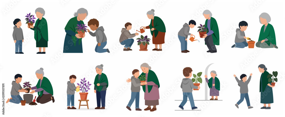 Fototapeta premium Grandmother and grandson gardening together set of flat vector illustrations isolated on white background