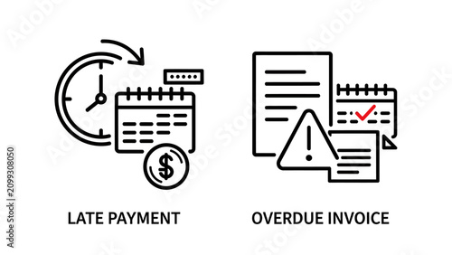 Late payment and overdue invoice financial management icon set with financial