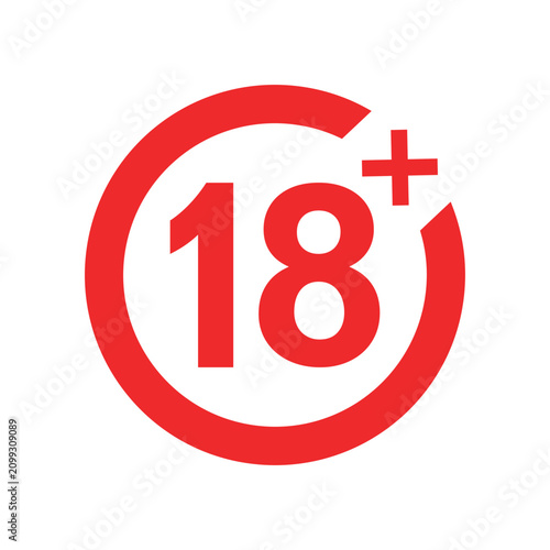 Obraz na plátně red circular eighteen plus age rating sign vector icon design on white backgroun