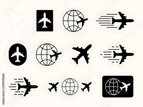 Set of airplane icons and travel symbols for aviation, flight, and global transportation design.
