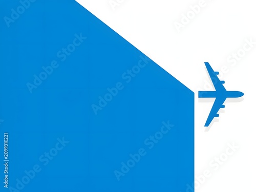 Blue airplane icon flying out of a geometric shape on a white background