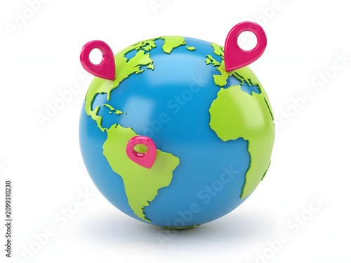 3D globe with pink location pins representing global travel and international logistics