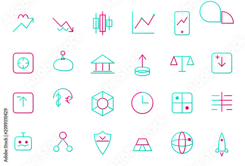 Tableau sur toile Investment and Stock Market Trading Vector Neon Icons Set, Modern Glow Futuristi