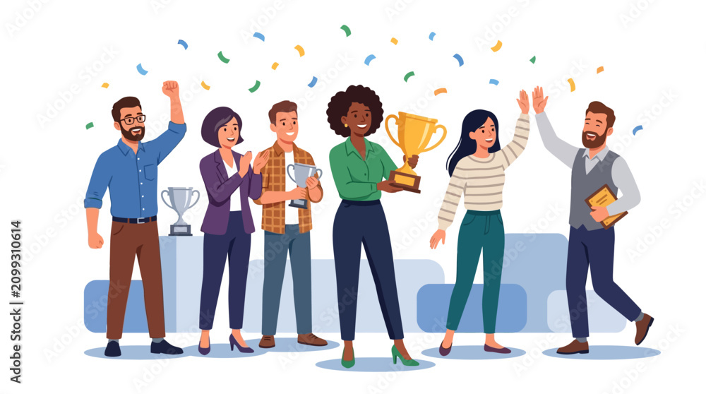Obraz premium Diverse team celebrating success with trophies and confetti, teamwork achievement