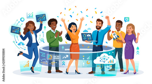 Diverse Team Celebrating Business Success with Confetti and Graphs