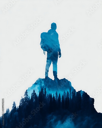 A silhouette of a hiker with a backpack blends with a mountain and forest scene, symbolizing adventure and connection with nature.