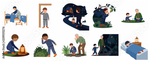 Foto Children's bedtime story illustration set featuring a boy's nighttime nature adventure with his grandfather