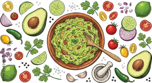 Hand drawn artistic illustration featuring fresh ingredients and ceramic bowls filled with guacamole dip, garnished with lime wedges and ripe red tomatoes for authentic Mexican cuisine menu.
