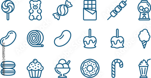 Quadro su tela A comprehensive collection of blue outline icons featuring various sweet treats including lollipops, chocolate bars, donuts, cupcakes, candy canes, and other delicious sugary desserts presented