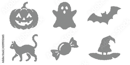 Fotografie Halloween icons pumpkin ghost bat cat candy witch hat, dotted halftone set