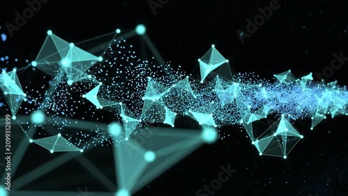 Digital network visualization with glowing teal polygons and flowing particles illustrates interconnected data transmission concept for commercial use.