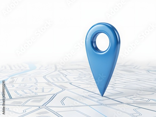 Blue 3D location pin icon standing on a stylized abstract city map for navigation concept