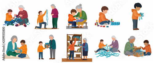 Grandmother and grandson bonding activities with ribbons and gift wrapping vector illustration set