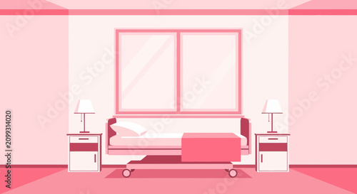 Hospital Room Interior Illustration With Bed, Lamp, And Window, Minimalistic Design