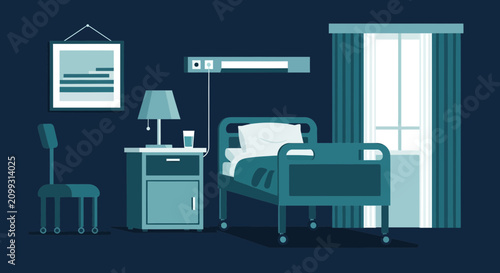 Hospital Room Interior Illustration With Bed, Lamp, Chair, And Window, Vector Design