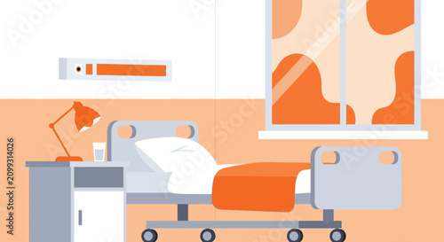 Hospital Room Interior Illustration With Bed, Lamp, And Window, Vector Healthcare Concept