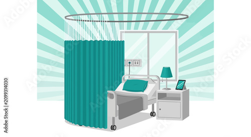 Hospital Room Interior Illustration With Bed, Lamp, Curtains, and Tablet Graphic