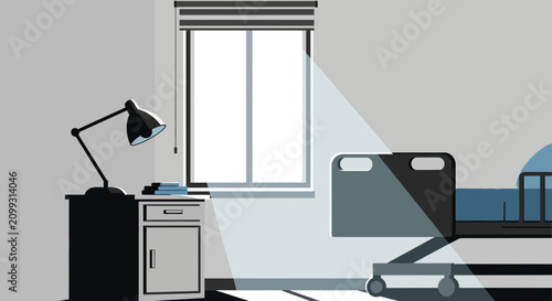 Hospital Room Interior Illustration With Bed, Lamp, And Window, Morning Light Coming In