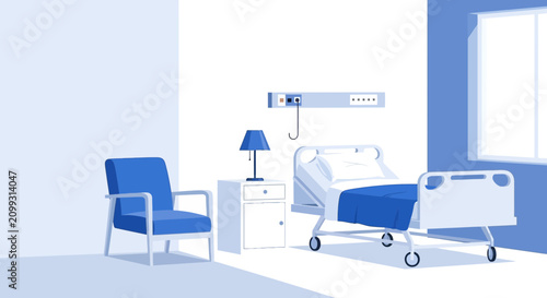 Hospital Room Interior Illustration With Bed, Lamp, Chair, And Modern Design Scheme