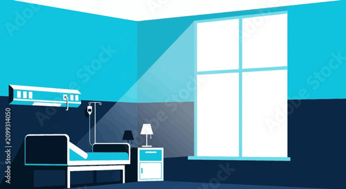 Hospital Room Interior Illustration With Bed, Lamp, Drip, Window, and Light Rays