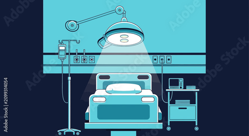 Hospital Room Interior Illustration with Bed, Lamp, Infusion, and Medical Equipment