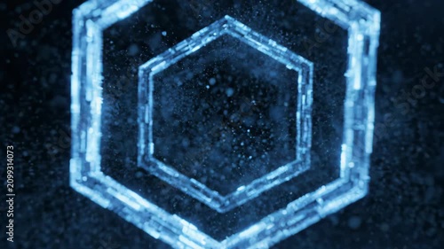 Vibrant glowing crystalline hexagonal structure forms futuristic cold blue light display particle-laden dark background perfect commercial branding.