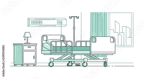 Hospital Room Interior Illustration With Bed, Lamp, Windows, And Healthcare Environment