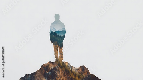 Silhouette of a person standing on a rocky peak with a double exposure effect showing a forest and mountains inside the figure.